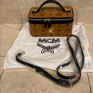 MCM Womens Visetos Cosmetic Bag Cognac black trim